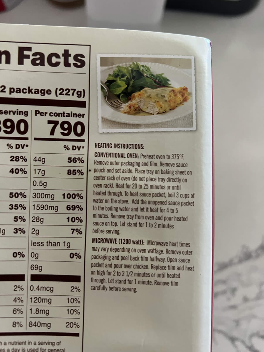 The heating instructions on the back of the box: preheat a conventional oven to 375 °F and heat for 20 to 25 minutes or until heated through