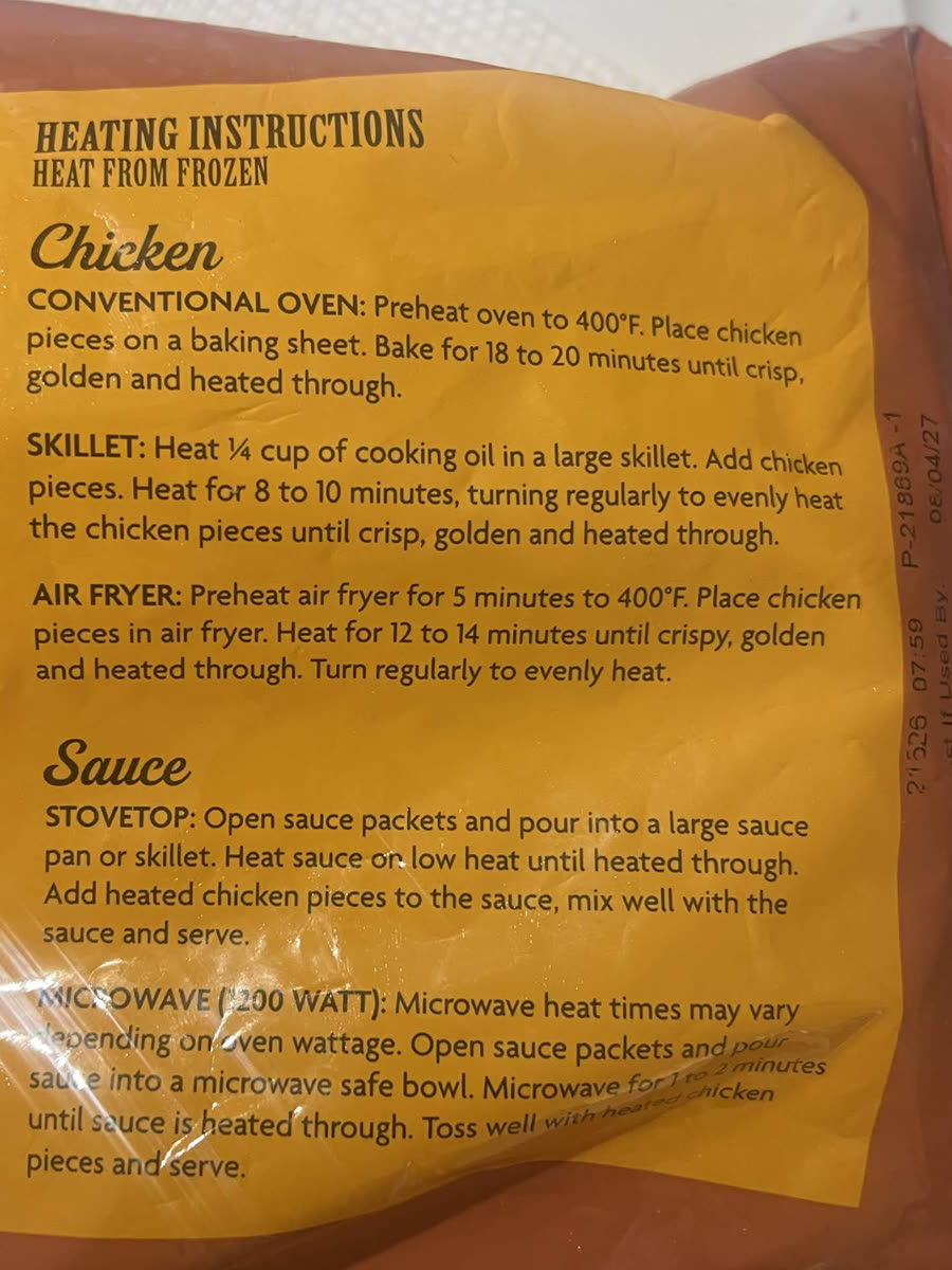 The heating instructions on the back of the bag: conventional oven, preheat to 400 °F and bake 18 to 20 minutes until crisp, golden and heated through; air fryer, preheat 5 minutes to 400 °F and heat 12 to 14 minutes, turning regularly; sauce on the stovetop or in the microwave